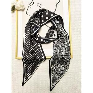 Hair Scarf Black and White  Silky Long Neck Head Scarves Purse Bag Scarfs